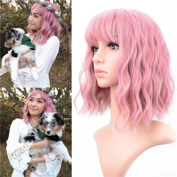 Pastel WavyWig With AirBangs Women's Short Bob Purple Pink Curly Shoulder Length - Picture 1 of 6